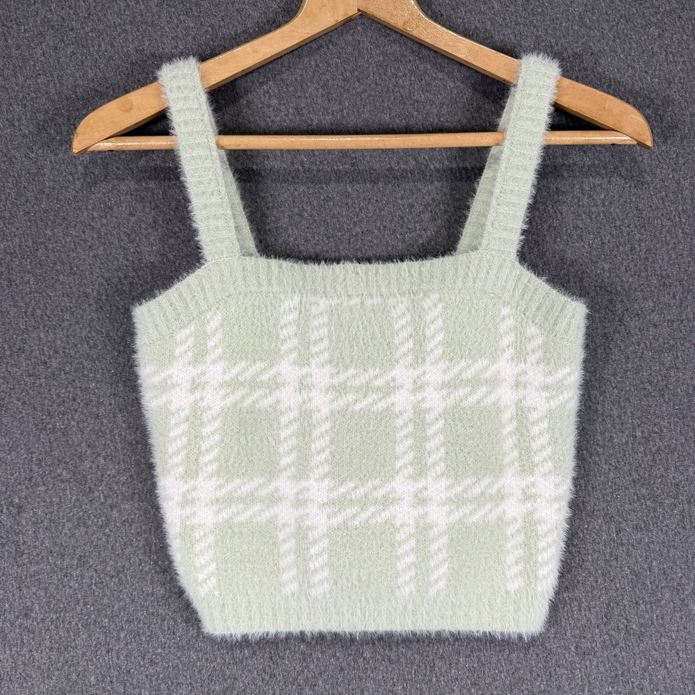 Kendall And Kylie Sweater Juniors Small Green Plaid Fuzzy Knit Tank Cami Top